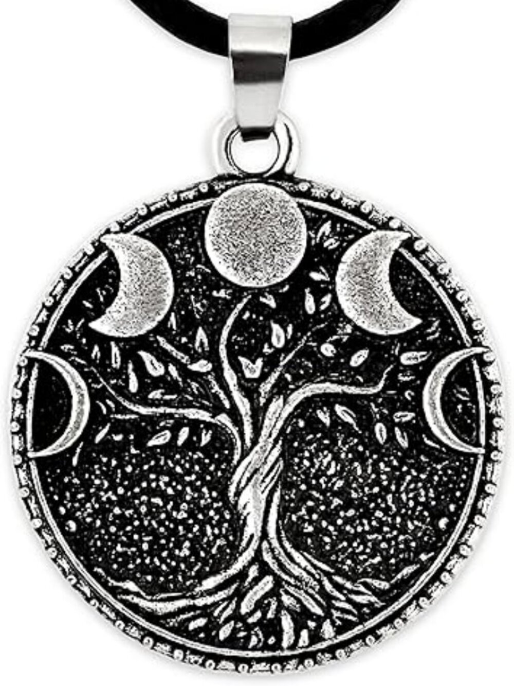 NEW Tree of Life Necklace Moon Pendant Faux Leather Cord Silver Tone Trendy